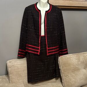 Vintage Tara Ryan Chic Brown and Red Trim Tweed Skirt Suit size 14/16
